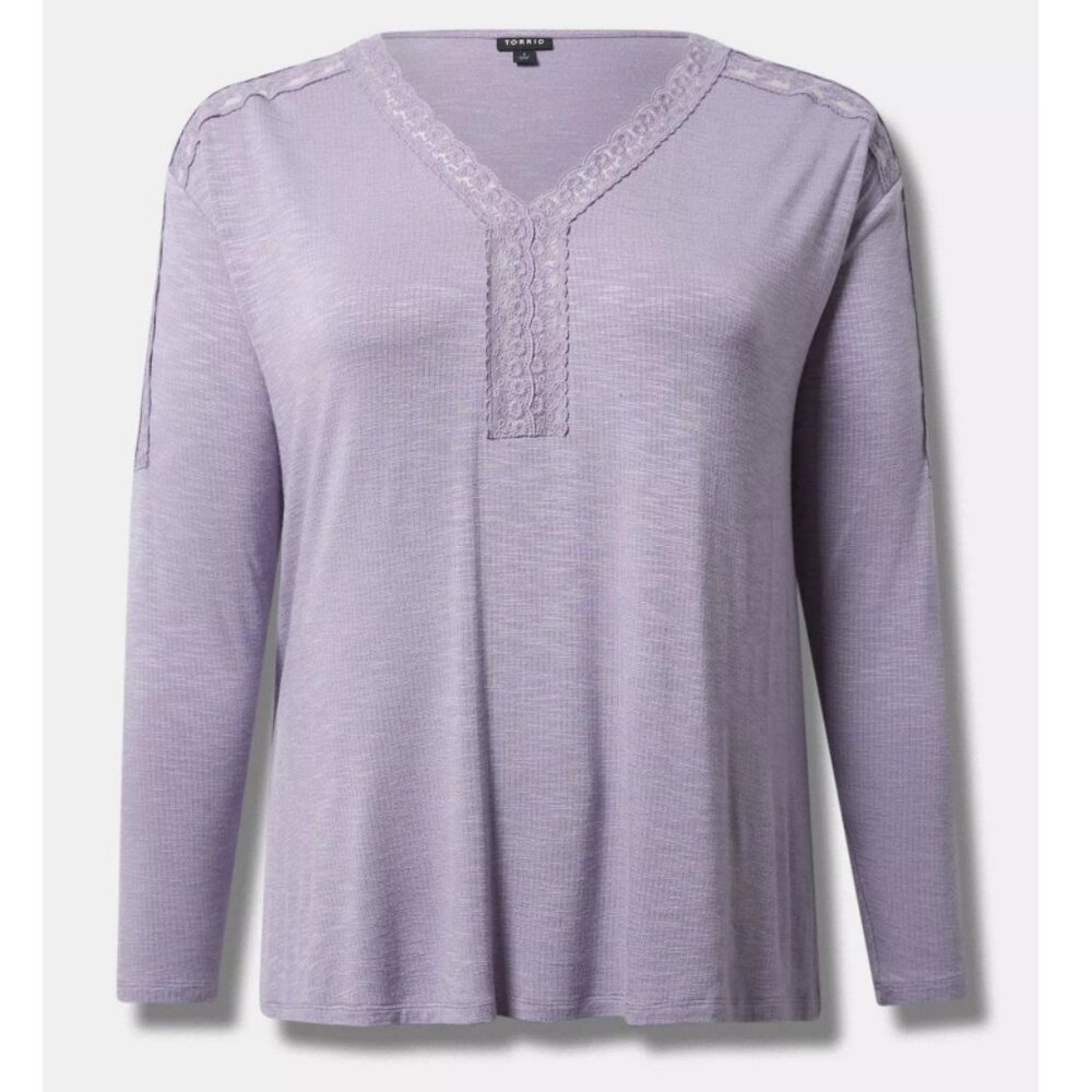 NWT Torrid 3 Super Soft Slub Long Sleeve Drop Shoulder Lace Yoke Top 3X 22 24 - Picture 5 of 10